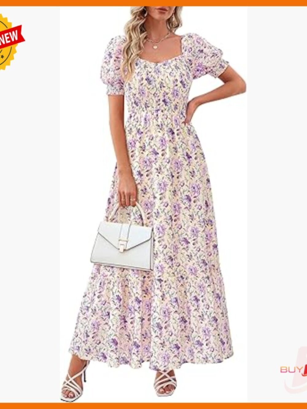 Floral Maxi Dress Smocked Bodice Sweetheart Neckline Pockets Summer Boho